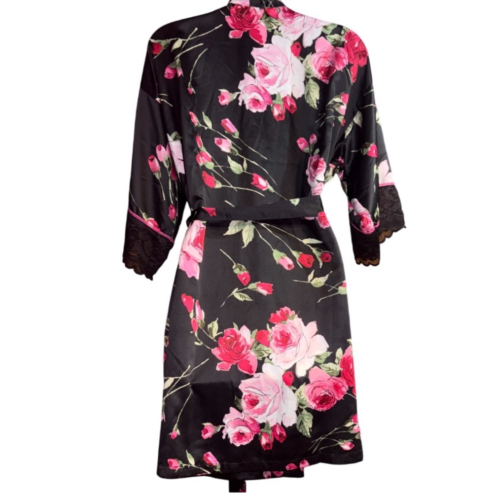 Linea Donatella Luxury Floral Print Lace Trim Wrap Robe rose black satin small - Picture 3 of 9